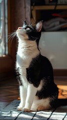 A playful cat basks in sunlight, looking thoughtfully out the window