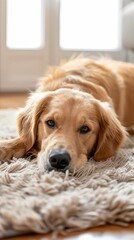 A golden retriever relaxes on a soft rug in warm sunlight