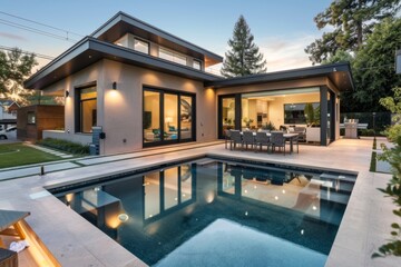 Fototapeta premium Small modern design home with backyard pool