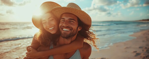 Couple enjoys a piggyback ride at the beach in summer, Generative AI