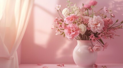 Obraz premium Pink Bouquet with White Vase in a Sunlit Room