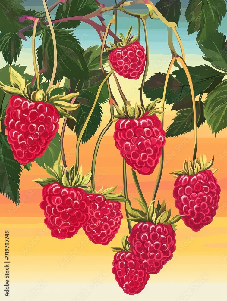 Canvas Prints Close-up of seven ripe red raspberries on a green vine with a yellow and blue background.