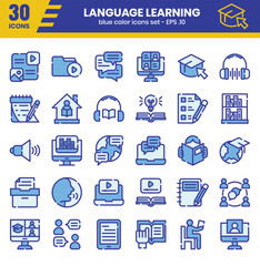Language learning blue-color outline icon set. Vector illustration