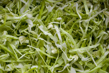 Shredded white cabbage. Background of sliced ​​fresh white cabbage. Vegetarian food..