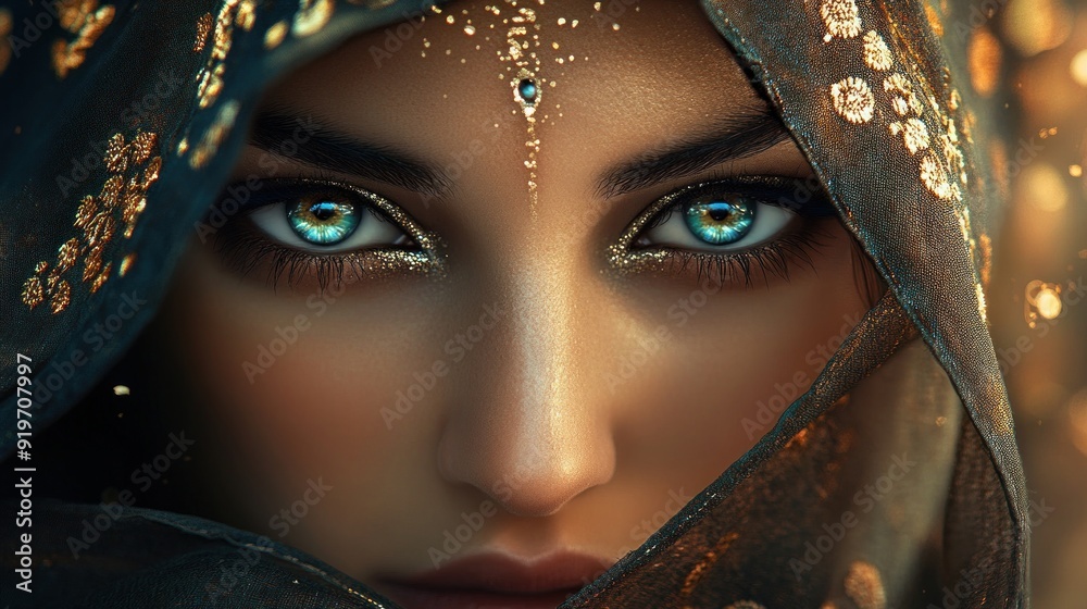 Wall mural Futuristic gaze of a woman model character with beautiful arabian eyes in a veil background wallpaper AI generated image