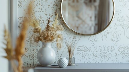 Scandinavian living room interior with floral arrangement on grey table under patterned wallpaper mirror