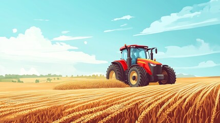 Obraz premium A bright red tractor harvesting golden wheat in a sunlit field during summer