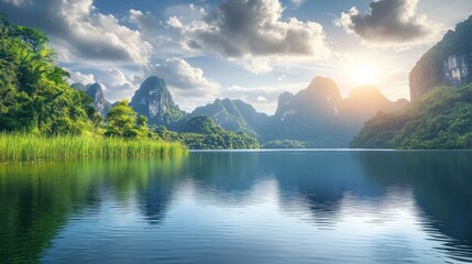Fototapeta premium Panoramic view of beautiful photography scenery green natural lake and mountains background wallpaper AI generated image