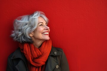 Cheerful senior woman laughing happily against a red wall, Generative AI