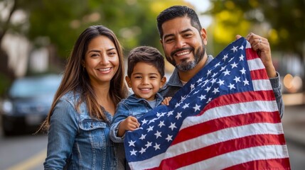 Happy young Latino American family with kid holding an  big American flag, smiling on the street during the USA presidential election 2024.