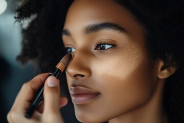Obraz premium A young woman receives makeup application with a brush in a modern beauty studio during daylight