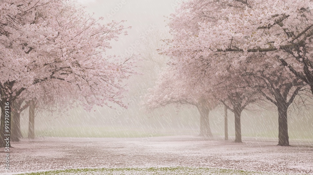 Poster delicate scene of cherry blossom trees in full bloom during a light spring rain