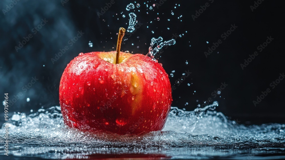 Sticker Red apple with water droplets on a dark background.