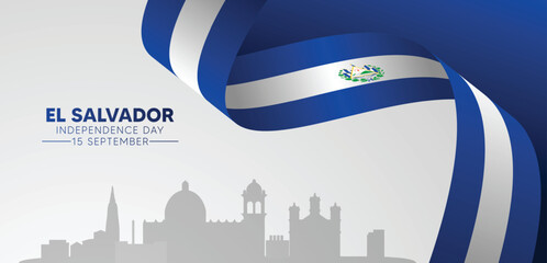 El Salvador Independence Day 15 September waving flag ribbon vector poster