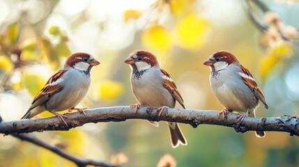Portrait group small birds sparrows with the Latin name estrildidae perched on a tree branch background wallpaper AI generated image