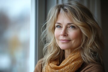 Fototapeta premium Pensive mature woman looking away with a smile, Generative AI