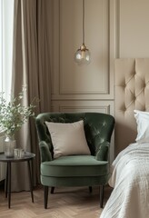 Modern bedroom with emerald green velvet chair and stylish decor