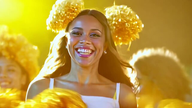 Cheerleaders radiate positivity and excitement, performing vibrant routines while bright sunlight illuminates their gold pom-poms and enthusiastic smiles