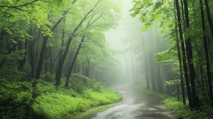 Obraz premium green forest with a winding path that disappears into the misty distance
