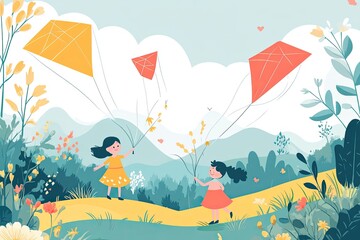 Vector spring background - landscape illustration with children flying kites