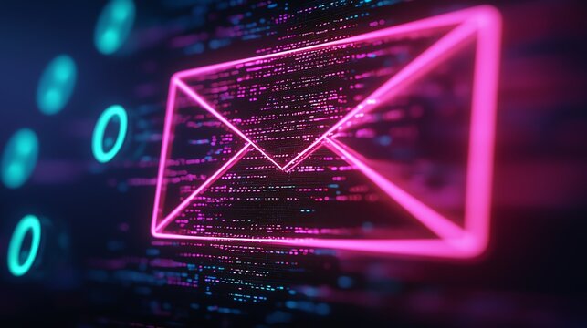 A vibrant digital illustration featuring a glowing email symbol against a backdrop of floating binary code, conveying modern technology.