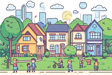 Obraz premium Vector suburban neighborhood background - landscape illustration with children playing