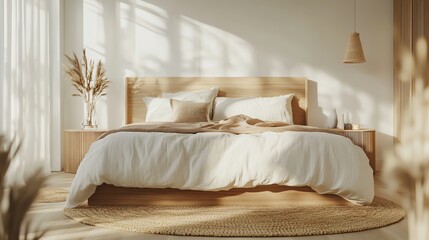 Bright and cozy minimalist bedroom with natural light, wooden accents, and neutral tones, creating a relaxing and modern atmosphere.