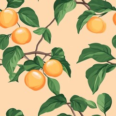 Seamless pattern with ripe orange fruit on green leaves and branches.