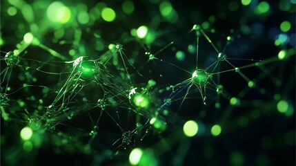 A close-up shot of green bioluminescent electrons interacting within a crystalline grid.