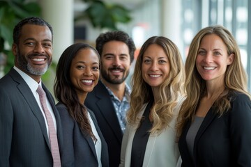Diverse business team smiling at the camera in an office, Generative AI