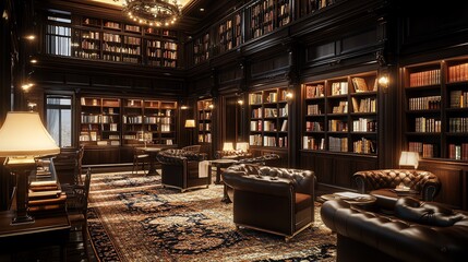 Luxurious library with dark wood furnishings, leather chairs, and warm lighting. Ideal for reading, studying, or relaxation.