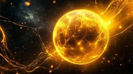 Obraz premium Vibrant yellow futuristic electrons spinning around a translucent sphere.