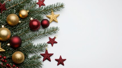 Festive and creative Christmas flat lay arrangement of fir branches adorned with golden and red stars and balls on a white background