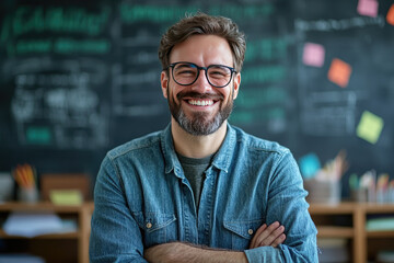 Fototapeta premium Confident male teacher smiling in classroom with blackboard, books, and student desk, reflecting positivity towards education. Teacher's day concept, back to school.
