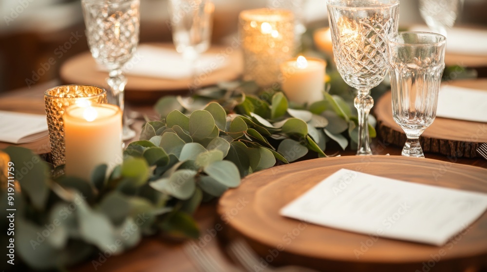 Aufkleber a beautifully arranged table features flickering candles and fresh eucalyptus, creating a warm atmos