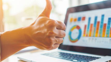 A close-up of a hand giving a thumbs-up gesture in front of a laptop displaying colorful analytics and performance graphs.