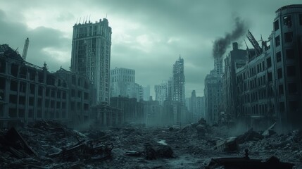 Obraz premium City in ruins due to military robots in post-apocalyptic 