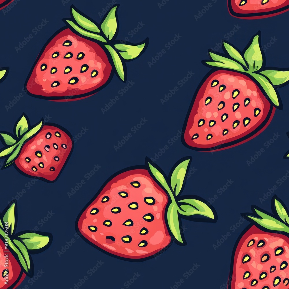 Poster Seamless pattern with red strawberries on a dark blue background.