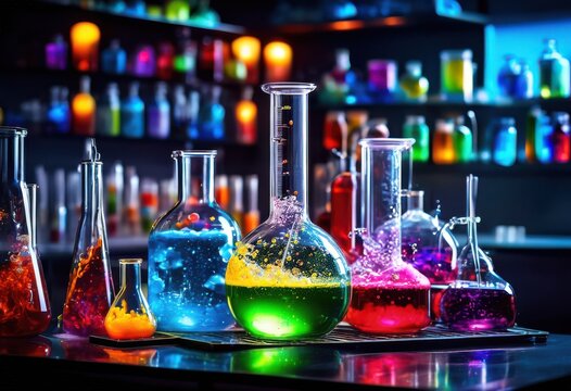 vibrant laboratory setup showcasing exciting chemical reactions dynamic equipment colorful interactions, beaker, flask, test, tube, science, experiment