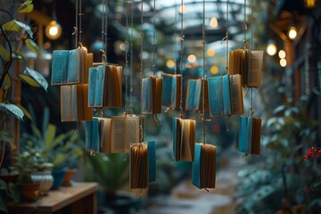 A collection of books suspended from strings, creating a whimsical display.