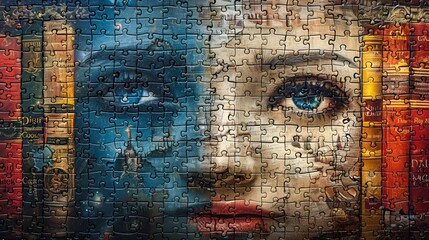 A jigsaw puzzle featuring a woman's face surrounded by an array of colorful books.