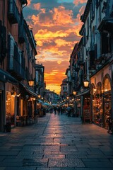 Fototapeta premium City street with small shops streetlight