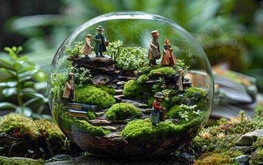 A vibrant miniature garden scene with small human figures.