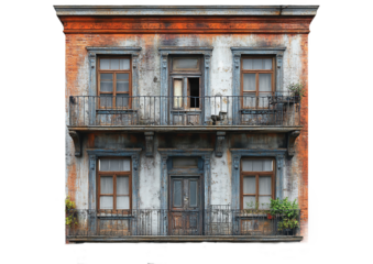 Old windows in old building. Old tenement house on a bright background.