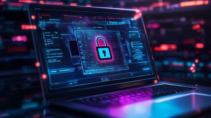 Obraz premium A laptop displays a digital lock symbol representing cybersecurity and data protection during a tech-focused event at night