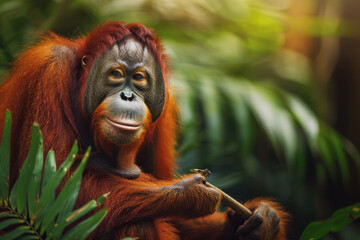 Obraz premium A serene orangutan sits among lush greenery, showcasing its expressive face and rich, vibrant fur in a peaceful natural setting.