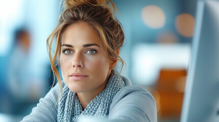 young female business woman, student looking at emails, financial or inventory data, copy space