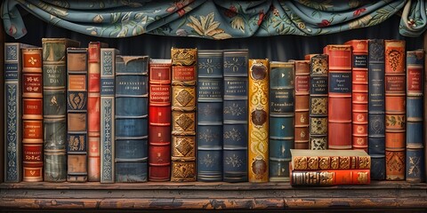 A row of vintage books neatly arranged on a wooden shelf.