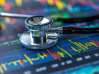 Stethoscope resting on a colorful health monitoring graph in a medical setting