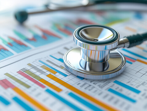 Stethoscope resting on colorful health reports and charts in a medical office environment